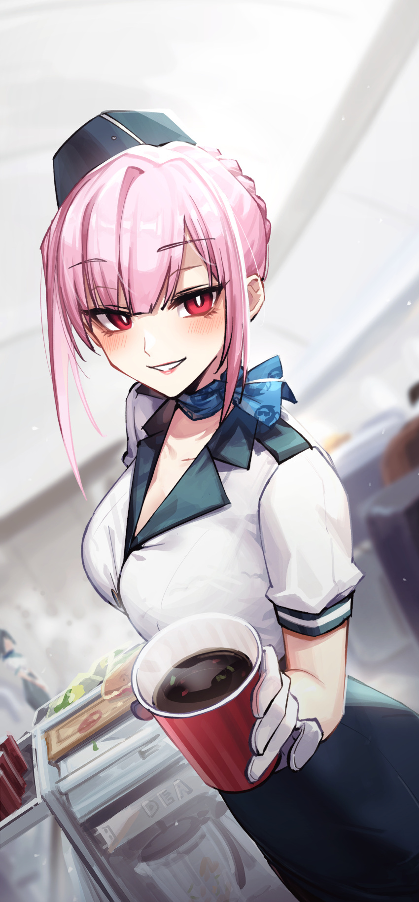 1girl absurdres adarin airplane_interior alternate_costume blue_ribbon blush breasts coffee collared_shirt cup disposable_cup english_commentary flight_attendant gloves grin hat highres holding holding_cup hololive hololive_english incoming_drink large_breasts looking_at_viewer mori_calliope neck_ribbon parted_lips pencil_skirt people pink_hair red_eyes ribbon scarf serving_cart shirt sidelocks skirt smile solo steam travel_attendant uniform virtual_youtuber white_gloves white_shirt