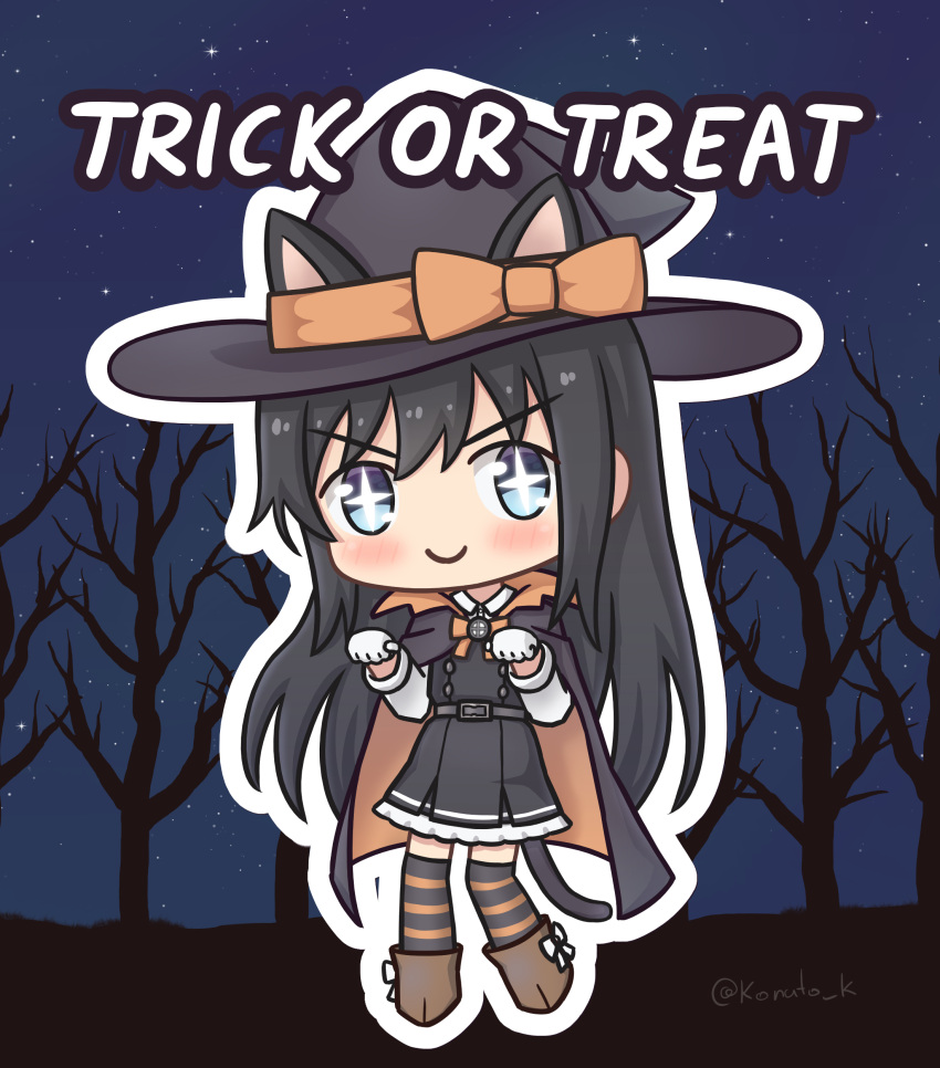 1girl absurdres animal_ears asashio_(kancolle) asashio_(kantai_collection) black_dress black_hair black_serafuku blue_eyes cape cat_ears cat_girl cat_tail chibi dress gloves halloween hat highres kantai_collection konato_k long_hair long_sleeves moon night night_sky pinafore_dress remodel_(kantai_collection) school_uniform serafuku sky smile solo star_(sky) starry_sky striped striped_thighhighs tail thigh-highs tree tree_shade white_gloves witch_hat
