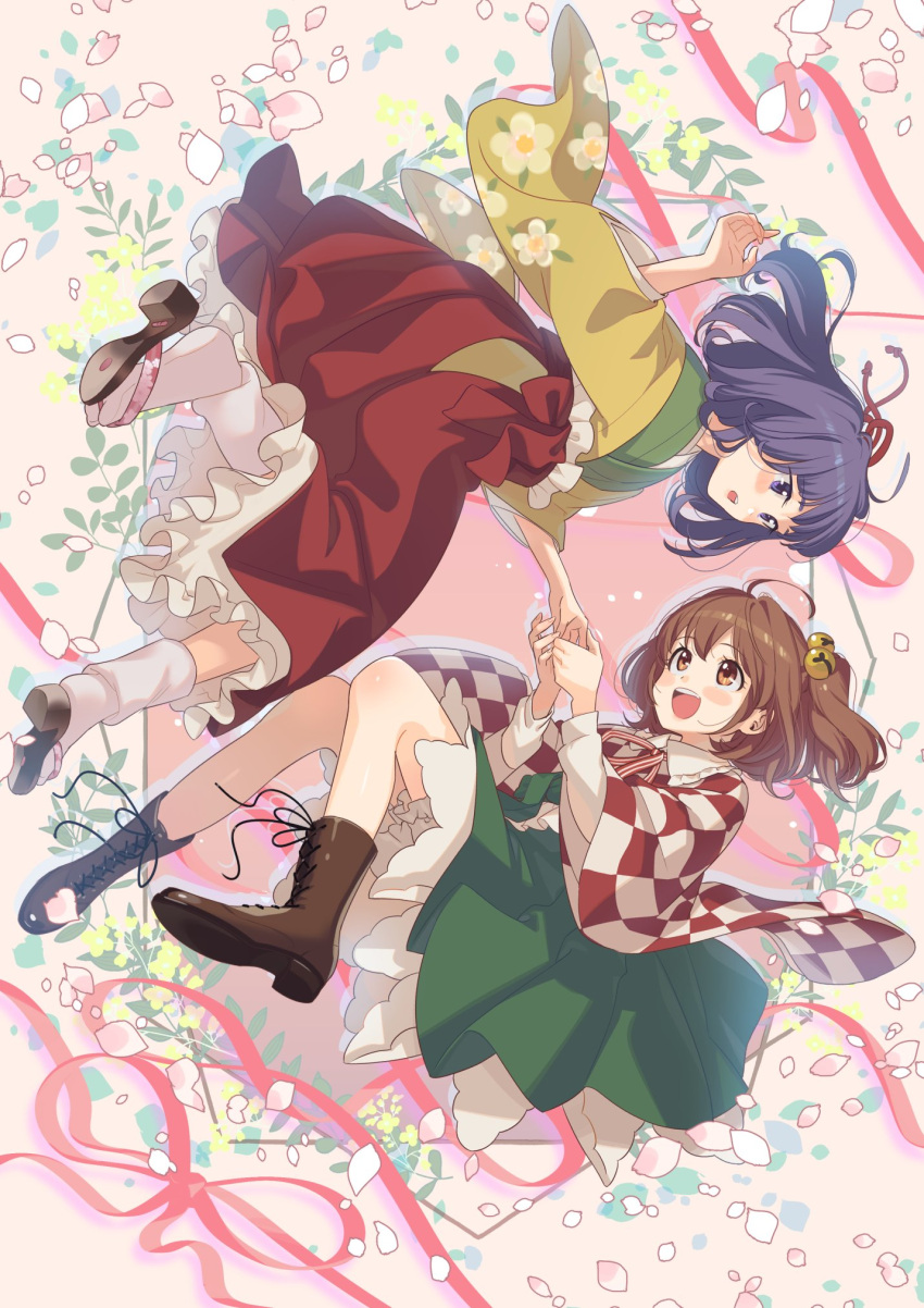 2girls :d ahoge bangs bell bloomers blush boots brown_eyes brown_footwear brown_hair checkered_clothes checkered_kimono commentary floral_print frilled_skirt frills full_body green_kimono green_skirt hair_bell hair_ornament hand_grab hieda_no_akyuu highres japanese_clothes kimono layered_clothes layered_kimono long_sleeves looking_at_another medium_hair motoori_kosuzu multiple_girls open_mouth petals purple_hair red_kimono red_skirt sandals side_slit skirt smile socks touhou two-tone_kimono two_side_up underwear violet_eyes white_kimono white_socks yellow_kimono yokujitsu