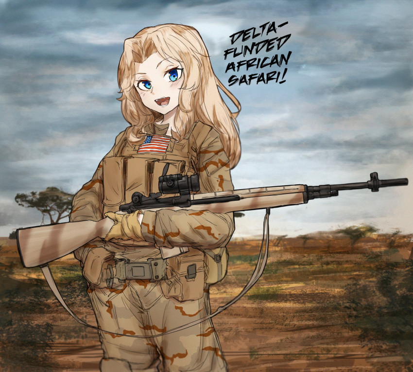 1girl africa alternate_costume battle_rifle belt blonde_hair blue_eyes camouflage camouflage_pants camouflage_shirt clouds collaboration commission english_commentary english_text gloves grey_sky gun highres kay_(girls_und_panzer) loliphilosophy long_hair long_sleeves m14 military military_uniform outdoors pants rifle shirt smile solo teeth tongue uniform upper_teeth van_duck_iii weapon