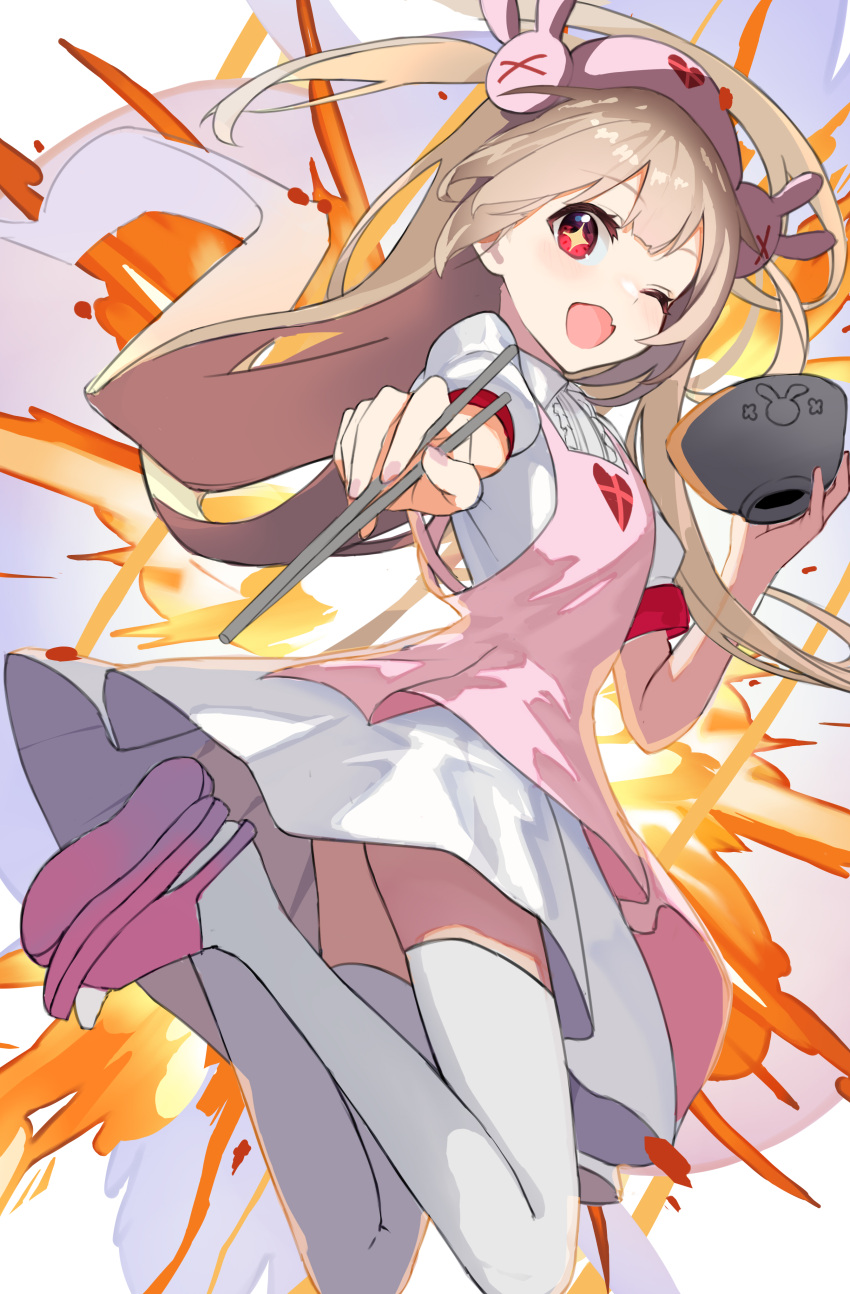 &gt;_&lt; 1girl absurdres apron bowl brown_hair bunny_hair_ornament chopsticks commentary_request explosion fang hair_ornament hat heart highres holding long_hair natori_sana nurse_cap one_eye_closed open_mouth pink_apron pink_headwear puffy_short_sleeves red_eyes sana_channel short_sleeves shuuha_arutsu smile solo thigh-highs thighhighs two_side_up virtual_youtuber white_legwear white_skirt
