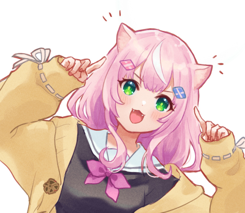 1girl :d animal_ear_fluff animal_ears black_shirt blush cat_ears fangs green_eyes hair_ornament hairclip hands_up hood hood_down hooded_jacket jacket leaning_to_the_side long_hair long_sleeves looking_at_viewer multicolored_hair nijisanji nijisanji_kr notice_lines nuno_(pppompon) open_clothes open_jacket open_mouth pink_hair puffy_long_sleeves puffy_sleeves sailor_collar shirt simple_background sleeves_past_wrists smile solo streaked_hair upper_body virtual_youtuber white_background white_hair white_sailor_collar yang_nari yellow_jacket