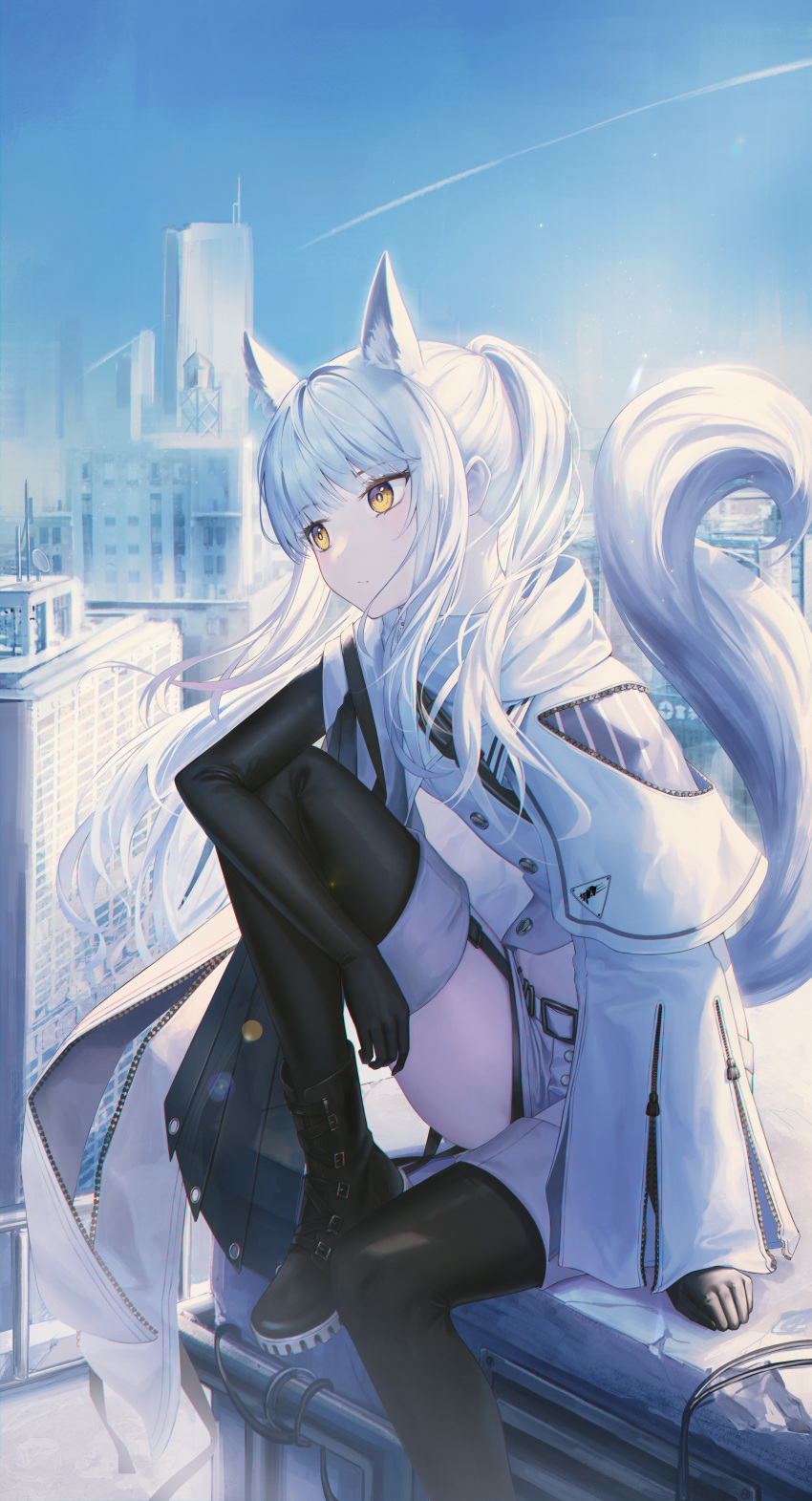 1girl absurdres animal_ears arknights bangs black_footwear black_gloves black_legwear black_thighhighs boots coat day elbow_gloves extra_ears flippy_(cripine111) floating_hair garter_straps gloves highres horse_ears horse_girl horse_tail jacket long_hair long_sleeves looking_at_viewer outdoors platinum_(arknights) ponytail sitting solo tail thigh-highs thighhighs white_coat white_hair white_jacket yellow_eyes