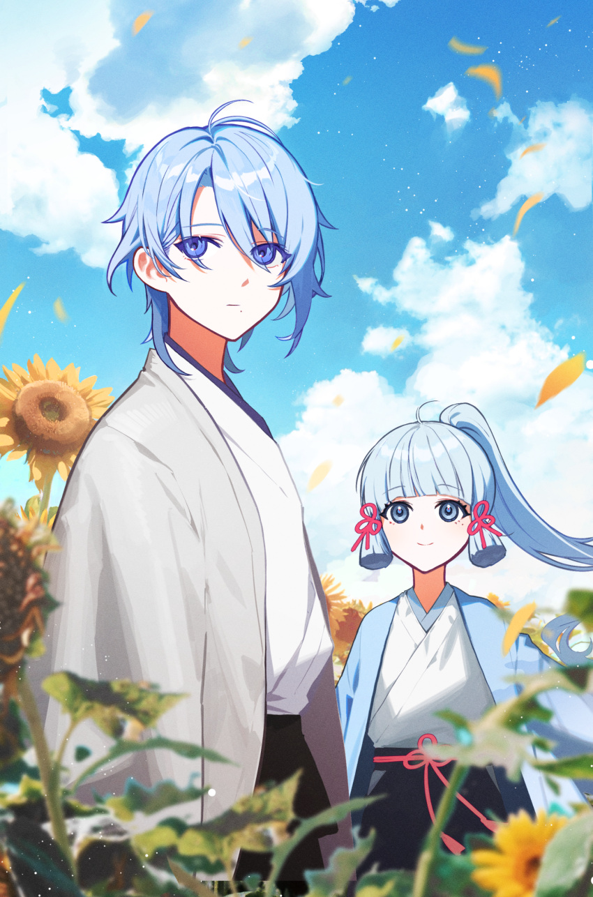 1boy 1girl bangs blue_eyes blue_hair blue_sky blurry blurry_background blurry_foreground brother_and_sister closed_mouth clouds cloudy_sky commentary day depth_of_field field flower genshin_impact highres holding holding_flower japanese_clothes kamisato_ayaka kamisato_ayato long_hair mole mole_under_eye mole_under_mouth motion_blur outdoors petals ponytail siblings sidelocks sky smile sunflower symbol-only_commentary xiu_xxx_wu yellow_flower
