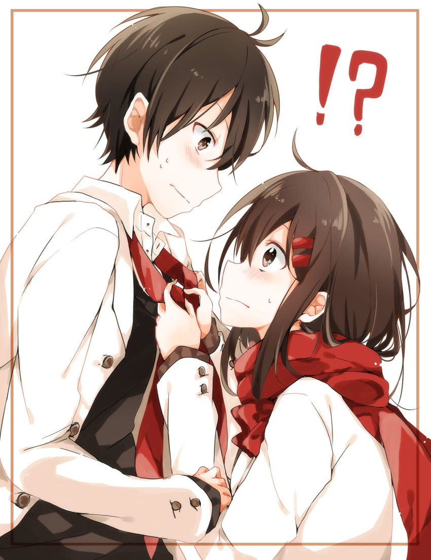 !? 1boy 1girl alternate_costume awkward black_hair black_vest blazer blush border brown_eyes brown_hair buttons dress_shirt eye_contact formal from_side hair_behind_ear hand_on_another's_arm highres holding jacket kagerou_project kisaragi_shintarou long_hair long_sleeves looking_at_another looking_at_viewer necktie open_clothes open_jacket outside_border red_necktie red_scarf scarf shirt short_hair suit_jacket tateyama_ayano tying_tie vest white_jacket white_shirt yupe_(pikoyupi)