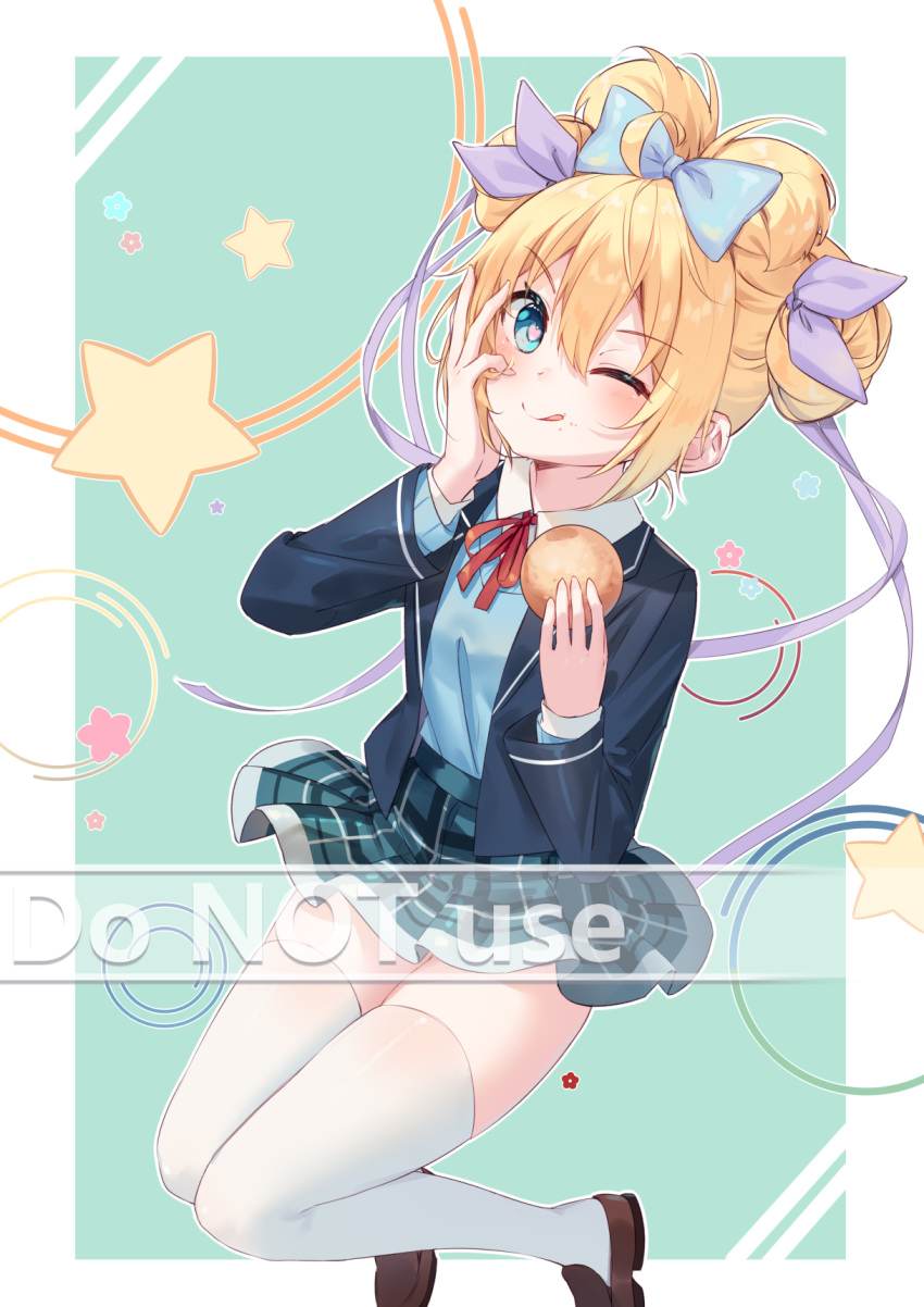1girl :q ;q bangs black_jacket blazer blonde_hair blue_background blue_bow blue_eyes blue_skirt blue_sweater blush bow brown_footwear closed_mouth collared_shirt commentary_request double_bun english_text food hair_between_eyes hair_bow hair_bun hair_ribbon hands_up heart heart-shaped_pupils highres holding holding_food jacket loafers looking_at_viewer mo_(pixiv9929995) neck_ribbon one_eye_closed open_clothes open_jacket original plaid plaid_skirt purple_ribbon red_ribbon ribbon shirt shoes skirt smile solo star_(symbol) sweater symbol-shaped_pupils thigh-highs tongue tongue_out two-tone_background watermark white_background white_shirt white_thighhighs