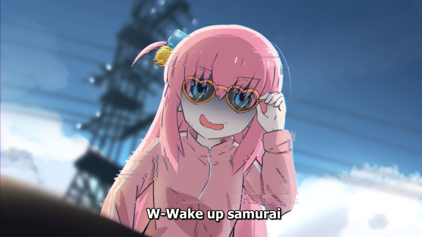 1girl adjusting_eyewear bangs blue_eyes blurry blurry_background bocchi_the_rock! cyberpunk_(series) cyberpunk_2077 english_commentary english_text glitch gotou_hitori hair_ornament hand_up heart heart-shaped_eyewear highres incomp jacket long_hair long_sleeves looking_at_viewer meme nervous_smile one_side_up open_mouth outdoors parody pink_hair pink_jacket power_lines smile solo sunglasses turn_pale upper_body wake_the_fuck_up_samurai_(meme)