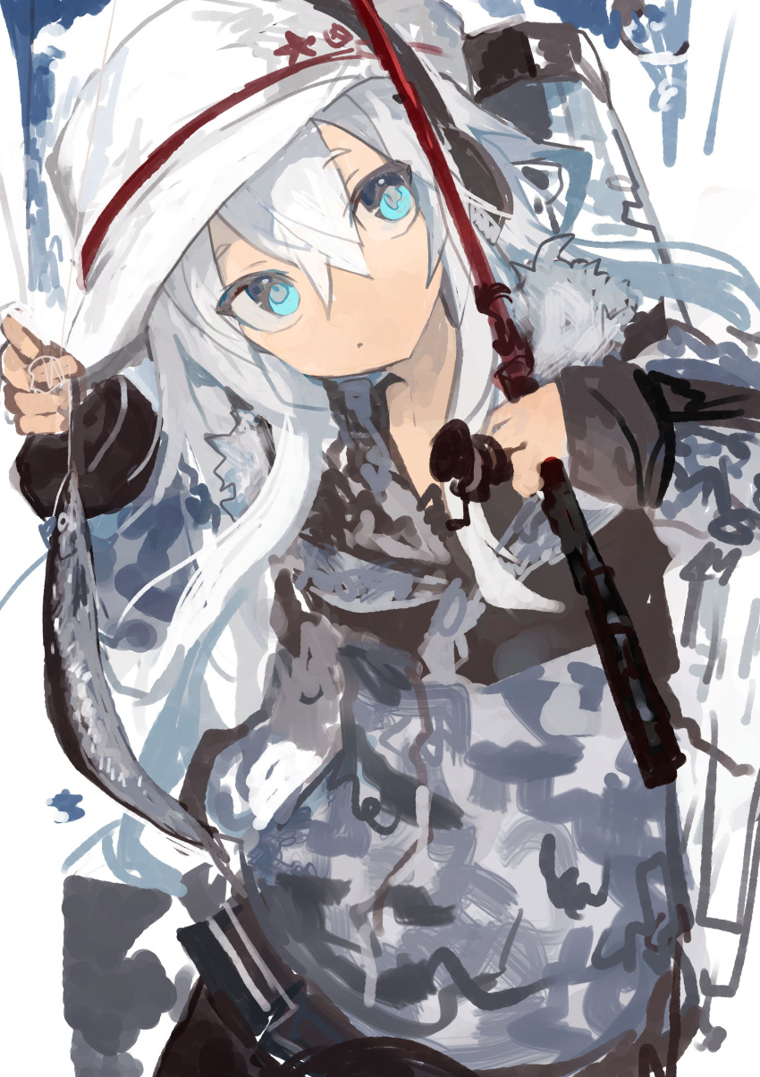 1girl absurdres black_pantyhose black_skirt blue_eyes camouflage camouflage_jacket closed_mouth fishing_rod hair_between_eyes hammer_and_sickle hat hibiki_(kancolle) hibiki_(kantai_collection) highres holding holding_fishing_rod jacket kaamin_(mariarose753) kantai_collection long_hair long_sleeves pantyhose pleated_skirt serafuku silver_hair skirt solo verniy_(kancolle) verniy_(kantai_collection) white_hair white_headwear