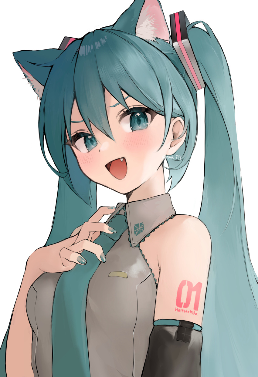 1girl absurdres animal_ear_fluff animal_ears aqua_eyes aqua_hair aqua_nails aqua_necktie black_sleeves blush breasts cat_ears character_name detached_sleeves diamond-shaped_pupils diamond_(shape) fang grey_shirt hair_between_eyes hand_on_own_chest hatsune_miku highres long_hair looking_at_viewer necktie number_tattoo open_mouth shirt sleeveless sleeveless_shirt small_breasts solo symbol-shaped_pupils tananuki tattoo twintails twitter_username upper_body vocaloid