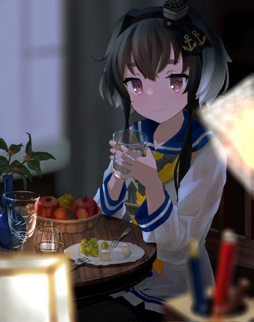 1girl anchor anchor_symbol apple basket black_hair black_pantyhose blue_sailor_collar blurry blurry_background bonozako brown_eyes candle chair cheese curtains depth_of_field eating flower food fork fruit glass gradient_hair grapes grey_hair hat headgear highres indoors kantai_collection lantern mini_hat multicolored_hair neckerchief night pantyhose pen pencil plant potted_plant sailor_collar shirt short_hair short_hair_with_long_locks sidelocks sitting smokestack_hair_ornament solo table tied_shirt tokitsukaze_(kancolle) tomato water window yellow_neckerchief