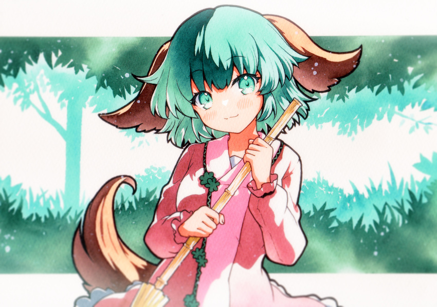 1girl animal_ears blush broom closed_mouth dog_ears dog_tail dress frilled_dress frills grass green_eyes green_hair highres holding holding_broom kasodani_kyouko long_sleeves looking_at_viewer outdoors pink_dress qqqrinkappp short_hair smile solo tail touhou traditional_media upper_body
