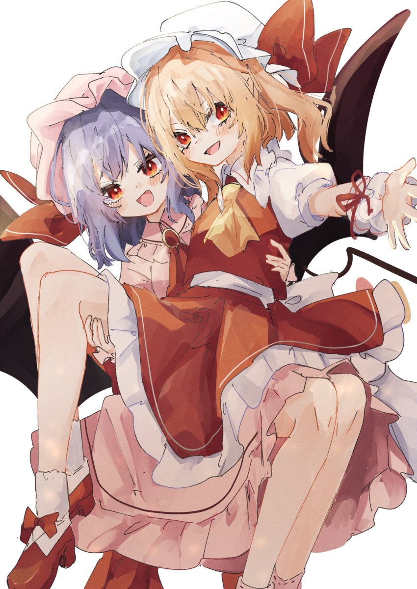 2girls :d ascot bat_wings blonde_hair blush bow brooch carrying commentary flandre_scarlet footwear_bow frilled_shirt_collar frilled_skirt frills hair_between_eyes hat hat_bow highres jewelry looking_at_viewer medium_hair mob_cap multiple_girls open_mouth pink_headwear pink_shirt pink_skirt princess_carry puffy_short_sleeves puffy_sleeves purple_hair red_ascot red_bow red_eyes red_footwear red_ribbon red_skirt red_vest remilia_scarlet ribbon sabatuki shirt shoes short_sleeves siblings simple_background sisters skirt skirt_set smile socks touhou vest white_background white_headwear white_legwear white_shirt white_socks wings wrist_cuffs yellow_ascot yellow_neckwear