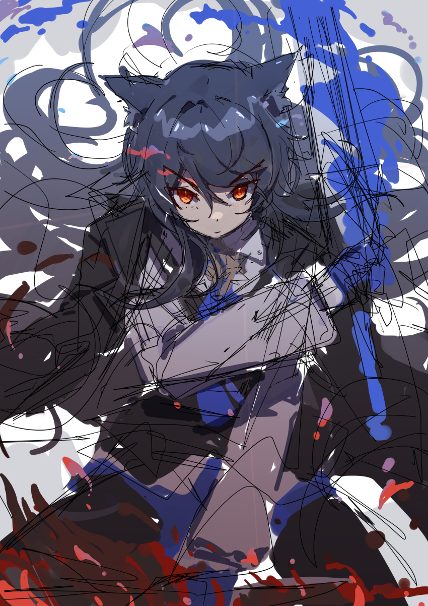 1girl absurdres animal_ear_fluff animal_ears arknights black_coat black_hair black_pantyhose black_vest blue_gloves blue_necktie blue_shorts closed_mouth coat coat_on_shoulders dual_wielding gloves highres holding holding_sword holding_weapon long_hair long_sleeves looking_at_viewer necktie pantyhose pantyhose_under_shorts red_eyes sao7 shirt shorts sketch solo sword texas_(arknights) texas_the_omertosa_(arknights) v-shaped_eyebrows vest weapon white_shirt wolf_ears