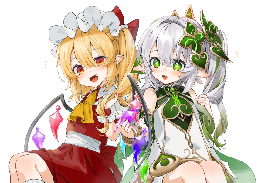 2girls artist_name ascot back_bow bangs bare_shoulders blonde_hair blush bow bracelet cape collared_shirt cross-shaped_pupils crossover crystal detached_sleeves dress eyes_visible_through_hair fang flandre_scarlet frills genshin_impact gotoh510 green_cape green_eyes green_hair grey_hair grey_socks hair_between_eyes hair_ornament hand_up hands_up hat hat_bow heart heart_hair_ornament jewelry long_hair looking_at_another looking_at_viewer mob_cap multicolored_hair multicolored_wings multiple_girls nahida_(genshin_impact) one_side_up open_mouth pointy_ears ponytail puffy_short_sleeves puffy_sleeves red_bow red_eyes red_skirt red_vest shirt short_hair short_sleeves side_ponytail signature simple_background sitting skirt skirt_set smile socks symbol-shaped_pupils teeth tongue touhou two-tone_hair vest white_background white_dress white_headwear white_shirt wings wrist_cuffs yellow_ascot