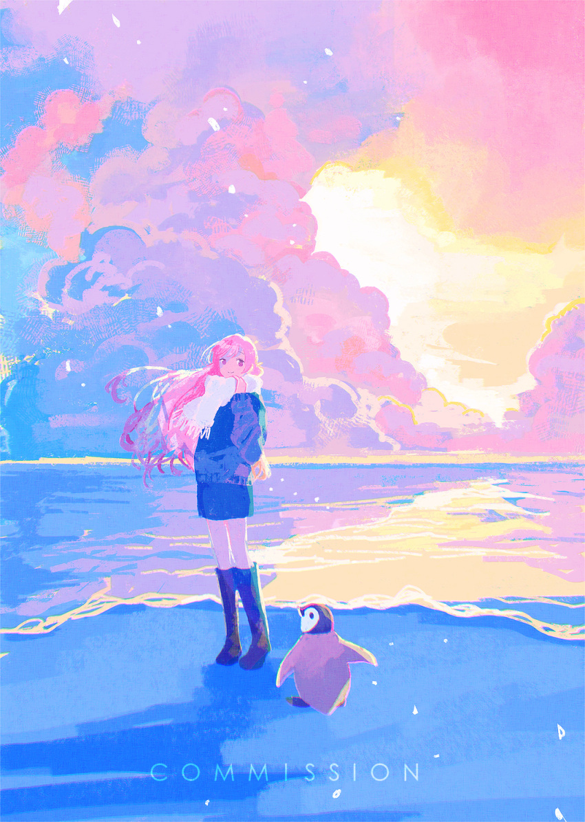 1girl bag bird blue_coat boots coat commission highres knee_boots long_hair looking_at_viewer ocean original outdoors penguin pink_hair red_eyes scarf scenery skirt sky solo standing tabi_(tabisumika) twilight white_scarf