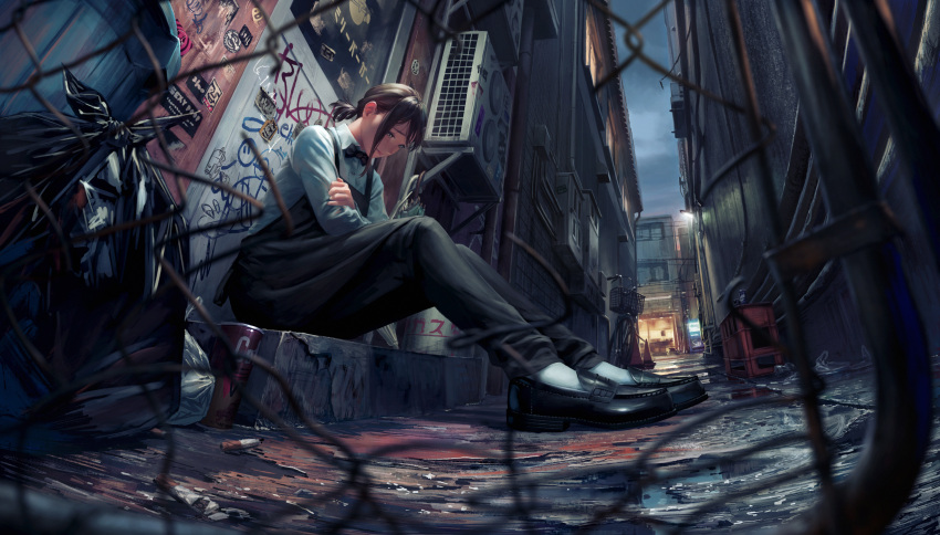 1girl alley apron black_apron black_bow black_bowtie black_hair black_pants bow bowtie chain-link_fence chainsaw_man cigarette collared_shirt crossed_arms fence from_below graffiti higashiyama_kobeni highres looking_down medium_hair namako_mikan night pants pringles_can sad shirt short_ponytail single_sidelock solo sticker trash_bag trash_can umbrella white_shirt