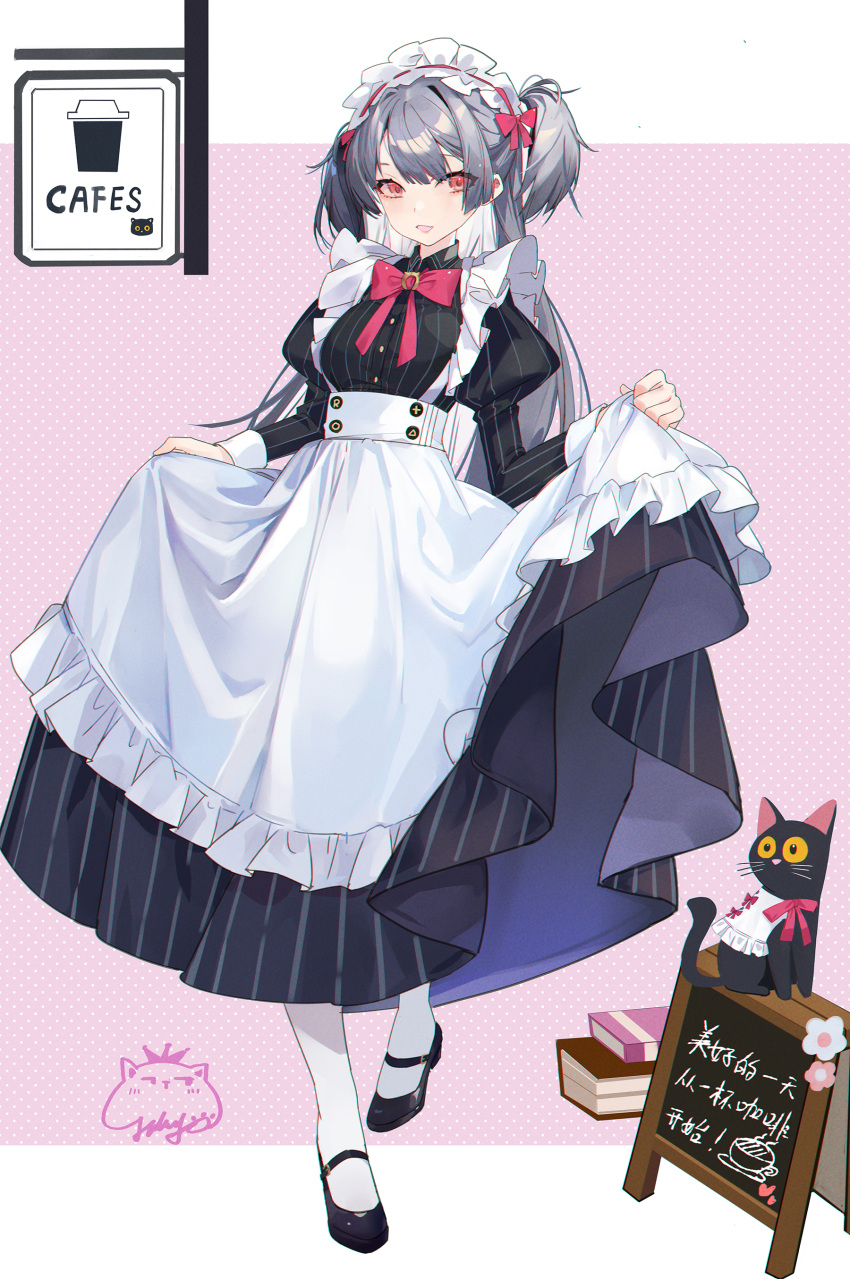 1girl :d absurdres animal apron bangs black_cat black_dress black_footwear book bow breasts cat commentary_request dress frilled_apron frills full_body grey_hair highres jiujiuyatou_(yayanzz) juliet_sleeves long_sleeves looking_at_viewer maid maid_headdress medium_breasts menu_board one_side_up original pantyhose pink_background polka_dot_background puffy_sleeves red_eyes shoes signature skirt_hold smile solo standing striped striped_dress twintails two-tone_background vertical-striped_dress vertical_stripes white_apron white_background white_legwear white_pantyhose