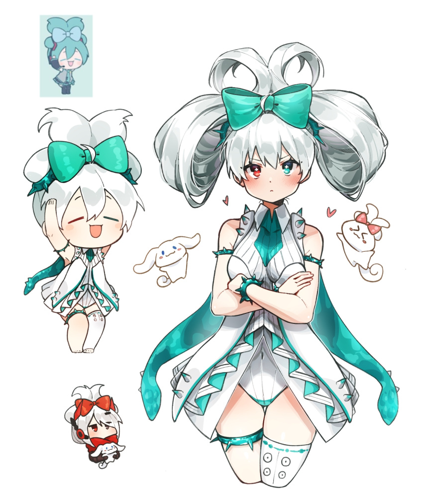 123ab456c 1girl asymmetrical_legwear blue_eyes bodysuit bow character_request check_character cinnamiku cinnamoroll commentary_request green_bow green_ribbon grey_hair hair_bow hair_ornament hair_ribbon heterochromia highres long_hair lucia_(punishing:_gray_raven) punishing:_gray_raven red_eyes ribbon sanrio thighhighs updo white_background white_bodysuit