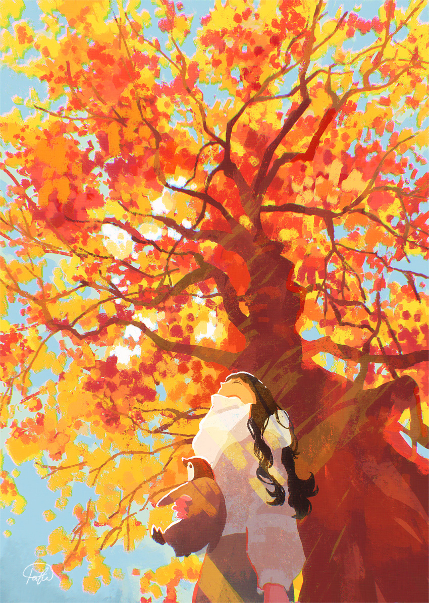 1girl animal autumn autumn_leaves bird black_hair day from_below gloves highres holding holding_animal leaf long_hair looking_up maple_leaf original outdoors penguin red_gloves scarf standing tabi_(tabisumika) tree white_scarf