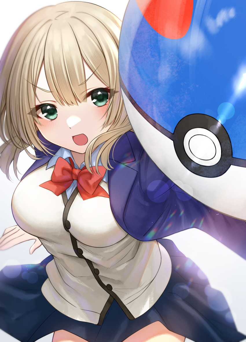1girl :d absurdres akky_(akimi1127) bangs black_skirt blue_jacket bow bowtie breasts collared_shirt dress_shirt gradient gradient_background great_ball green_eyes grey_background highres holding holding_poke_ball jacket light_brown_hair long_hair looking_at_viewer medium_breasts official_art open_clothes open_jacket open_mouth original poke_ball pokemon red_bow school_uniform shirt skirt smile solo v-shaped_eyebrows white_background white_shirt