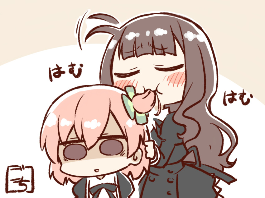 2girls :t ahoge ahoge_wag assault_lily bangs behind_another black_ribbon black_skirt blunt_bangs blush brown_eyes brown_hair buttons chibi closed_eyes closed_mouth clover_hair_ornament commentary_request cropped_jacket eating_hair expressive_hair four-leaf_clover_hair_ornament gochisousama_(tanin050) hair_between_eyes hair_in_mouth hair_ornament hand_in_another's_hair hand_up high-waist_skirt hitotsuyanagi_riri juliet_sleeves kaede_johan_nouvel long_hair long_sleeves looking_away motion_lines multiple_girls neck_ribbon one_side_up orange_background parted_lips pink_hair puffy_sleeves ribbon school_uniform shaded_face short_hair skirt solid_circle_eyes standing translated two-tone_background wavy_hair white_background yuri yurigaoka_girls_academy_school_uniform