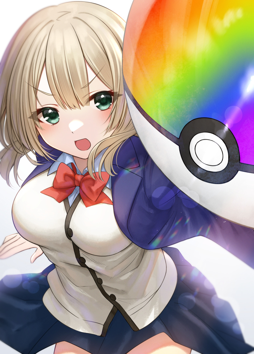 1girl :d absurdres akky_(akimi1127) bangs black_skirt blue_jacket bow bowtie breasts collared_shirt dress_shirt gradient gradient_background green_eyes grey_background highres holding holding_poke_ball jacket light_brown_hair long_hair looking_at_viewer medium_breasts official_art open_clothes open_jacket open_mouth original poke_ball pokemon rainbow_gradient red_bow red_neckwear school_uniform shirt skirt smile solo v-shaped_eyebrows white_background white_shirt
