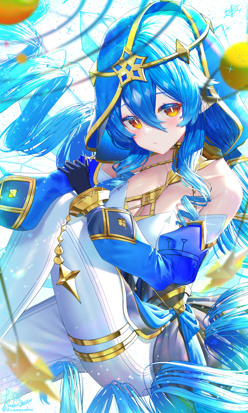 1girl bangs bare_shoulders black_gloves blue_hair blue_hood bright_pupils detached_sleeves drill_hair floating_hair genshin_impact gloves gold_trim gradient_eyes hair_between_eyes highres holding_own_arm jewelry juliet_sleeves kiramarukou layla_(genshin_impact) long_hair long_sleeves looking_at_viewer multicolored_eyes neck_ring pants puffy_sleeves ringlets sidelocks signature simple_background solo thighlet thighs twin_drills twitter_username very_long_hair white_background white_pants white_pupils yellow_eyes