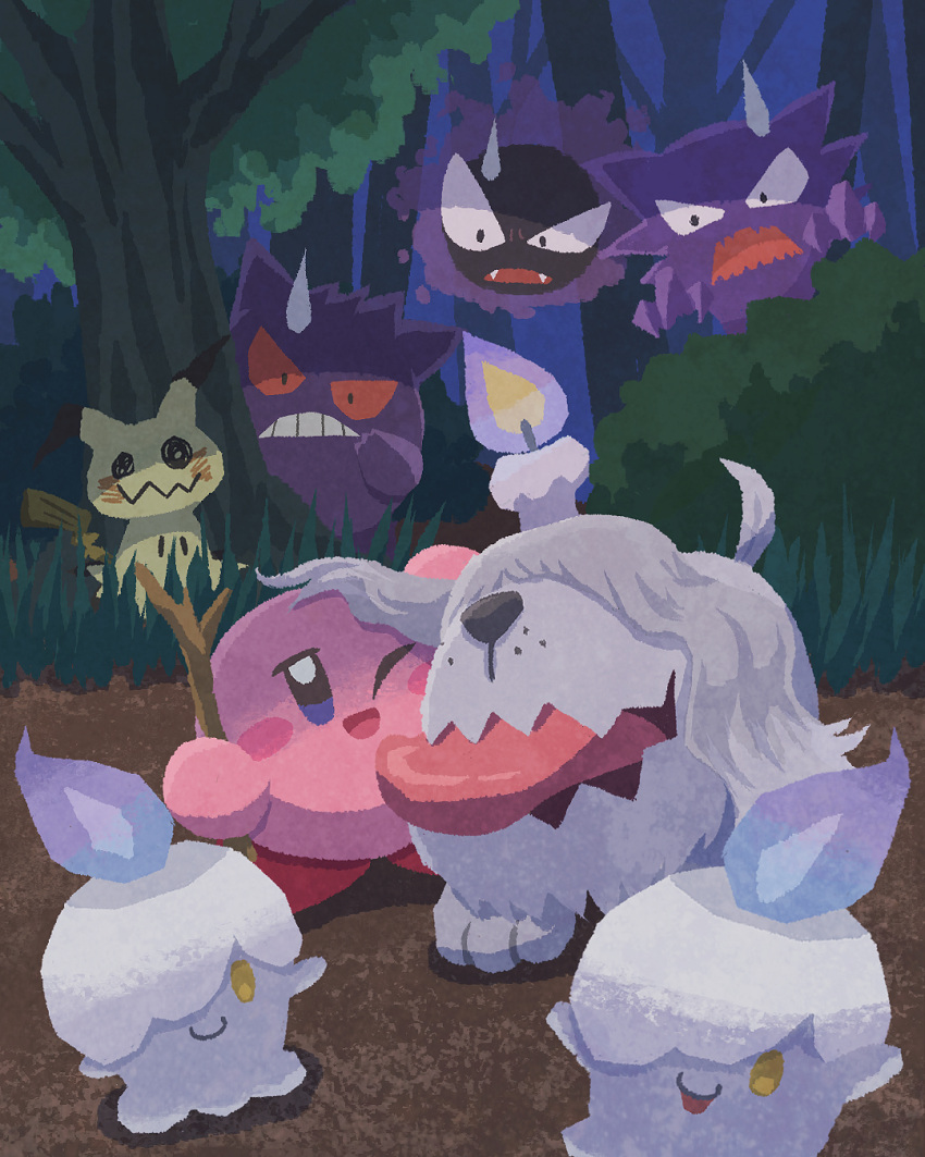 bush commentary_request confused crossover dirt_road gastly gengar greavard haunter highres holding holding_stick kirby kirby_(series) litwick miclot mimikyu night no_humans open_mouth outdoors pokemon pokemon_(creature) road stick sweatdrop tongue tongue_out tree