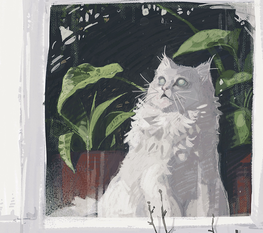 animal animal_focus baketsu_desu cat commentary_request highres looking_outside original plant potted_plant tail whiskers white_cat white_fur window