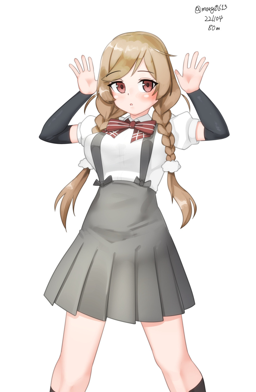 1girl absurdres arm_warmers arms_up black_legwear black_socks bow bowtie braid cloud_hair_ornament collared_shirt dated dress_shirt feet_out_of_frame gradient_hair highres kantai_collection kneehighs light_brown_hair long_hair looking_at_viewer maru_(marg0613) minegumo_(kancolle) multicolored_hair one-hour_drawing_challenge plaid plaid_bow plaid_bowtie pleated_skirt red_bow red_bowtie red_eyes red_neckwear shirt simple_background skirt socks solo suspender_skirt suspenders twin_braids twitter_username white_background white_shirt