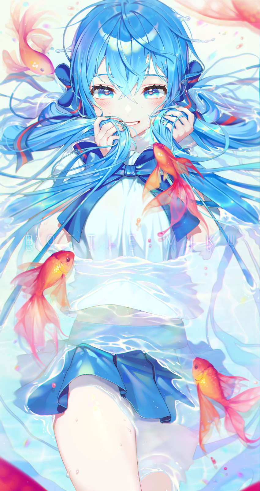 1girl absurdres afloat bangs blue_eyes blue_hair blue_ribbon blue_skirt bottle_miku caustics character_name colored_eyelashes commentary_request crossed_bangs de_nim dress fish floating_hair goldfish grin hair_ribbon hatsune_miku highres holding holding_hair korean_commentary long_hair looking_at_viewer partially_submerged ribbon simple_background skirt smile solo swimming teeth very_long_hair vocaloid water white_background white_dress