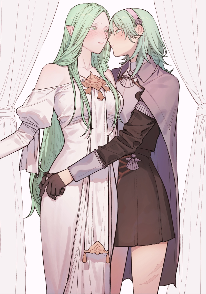 2girls bare_shoulders black_dress black_gloves blush byleth_(fire_emblem) byleth_eisner_(female) cloak commentary_request curtains dress enlightened_byleth_(female) eye_contact eyes_visible_through_hair fire_emblem fire_emblem:_three_houses garreg_mach_monastery_uniform gloves green_eyes green_hair hand_on_another's_hip headband highres hug ikarin long_hair looking_at_another multiple_girls pointy_ears rhea_(fire_emblem) short_hair skirt standing very_long_hair white_dress yuri