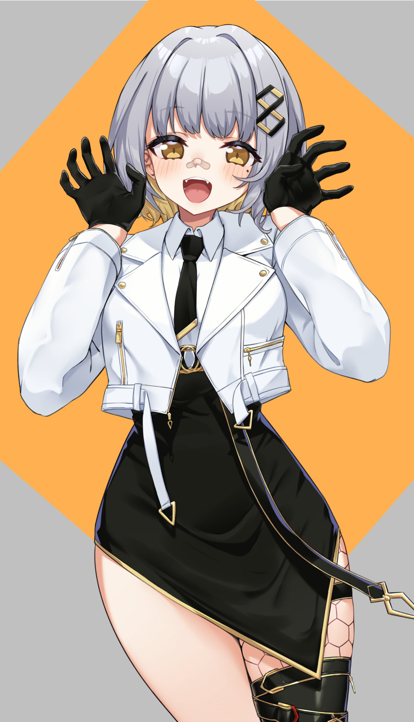 1girl :d absurdres bandaid bandaid_on_face bandaid_on_nose black_gloves black_necktie black_skirt brown_background brown_eyes brown_hair collared_shirt commentary fangs fishnet_pantyhose fishnets gloves grey_background grey_hair hachi_(live_union) hair_ornament hands_up highres ivan_wang jacket live_union long_sleeves looking_at_viewer multicolored_hair necktie open_clothes open_jacket open_mouth pantyhose shirt single_leg_pantyhose skirt smile solo two-tone_background two-tone_hair virtual_youtuber white_jacket white_shirt yellow_eyes