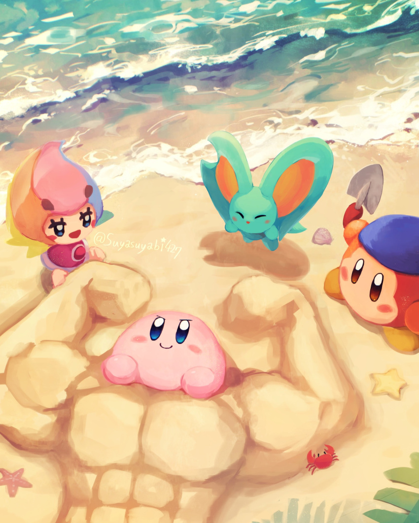 ^_^ arm_up artist_name bandana bandana_waddle_dee beach blue_bandana blue_eyes blush blush_stickers brown_eyes closed_eyes closed_mouth crab day elfilin elline_(kirby) eyelashes fairy highres holding kirby kirby_(series) looking_at_another multicolored_hair open_mouth outdoors sand sand_sculpture seashell shell shore smile starfish suyasuyabi trowel twitter_username v-shaped_eyes yellow_footwear