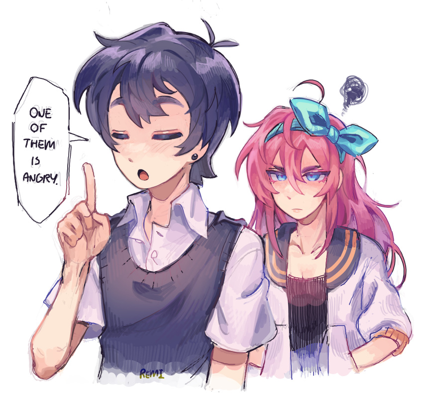 1boy 1girl absurdres artist_name aubrey_(omori) black_hair black_sweater_vest closed_eyes closed_mouth collared_shirt earrings english_text hairband highres index_finger_raised jacket jewelry long_hair looking_at_another omori open_mouth pink_hair remi_(mozzaremi) shirt short_hair short_sleeves simple_background speech_bubble stud_earrings sunny_(omori) sweater_vest white_background white_jacket white_shirt