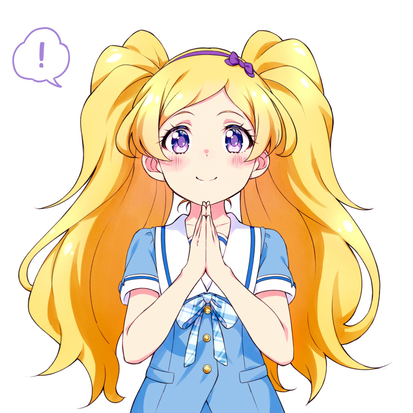 ! 1girl blonde_hair blue_shirt blush emily_stewart hairband highres idolmaster idolmaster_million_live! idolmaster_million_live!_theater_days kyoutsuugengo long_hair own_hands_together pink_eyes shirt short_sleeves simple_background smile solo spoken_exclamation_mark twintails upper_body very_long_hair white_background