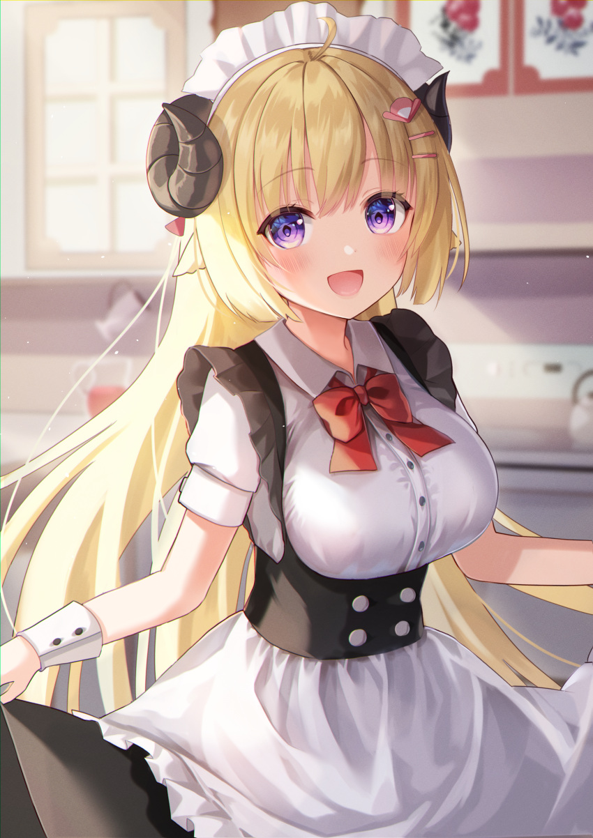1girl :d absurdres ahoge alternate_costume apron bangs blonde_hair blurry blurry_background blush bow bowtie breasts collared_shirt commentary curled_horns dress enmaided fuyoyo hair_ornament hairclip highres hololive horns indoors large_breasts long_hair looking_at_viewer maid maid_headdress open_mouth red_bow red_bowtie revision sheep_girl sheep_horns shirt short_sleeves sidelocks skirt_hold smile solo taut_clothes tsunomaki_watame underbust violet_eyes virtual_youtuber white_wrist_cuffs wing_collar wrist_cuffs