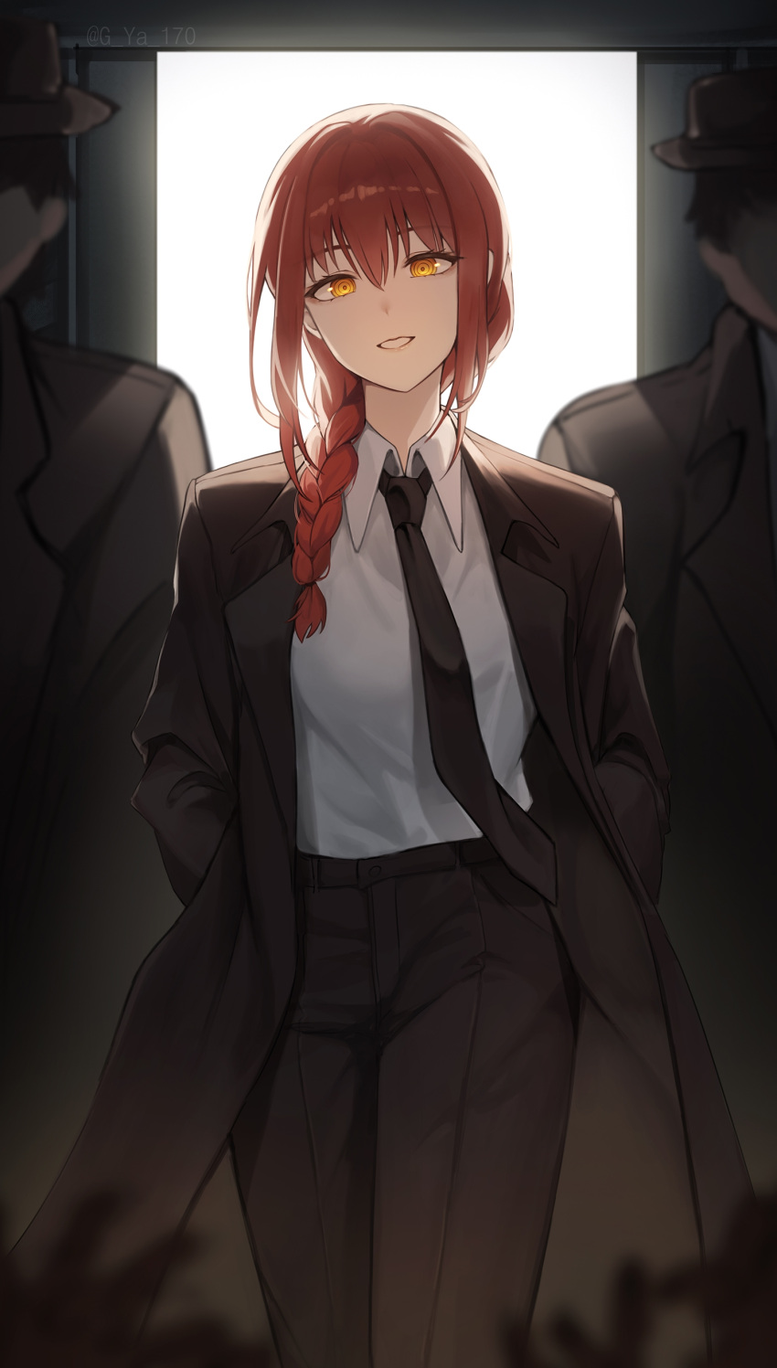 1girl 2boys absurdres bangs black_headwear black_necktie black_neckwear black_pants braid braided_ponytail business_suit chainsaw_man collared_shirt formal gya_(144) hair_between_eyes hair_over_shoulder hands_in_pockets highres jacket long_hair looking_at_viewer makima_(chainsaw_man) multiple_boys necktie pants redhead ringed_eyes shirt shirt_tucked_in smile solo_focus standing suit white_shirt yellow_eyes