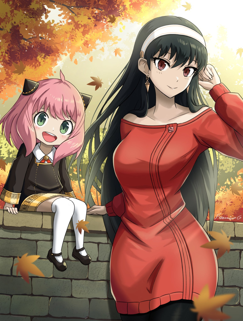 2girls anya_(spy_x_family) autumn autumn_leaves black_hair dress earrings eden_academy_uniform female_child fgsketch gold_earrings gold_hairband green_eyes hairpods highres jewelry leaf long_hair maple_leaf multiple_girls open_mouth outdoors pantyhose pink_hair red_eyes smile spy_x_family sweater sweater_dress tree yor_briar