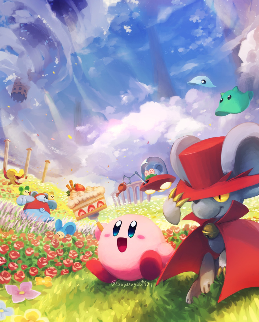 :d arm_up bell blue_eyes blush blush_stickers cake cake_slice cape character_request cloak clouds colonnade column daroach day doc_(kirby) eyepatch field flower flower_field food fork fruit grass happy hat highres holding holding_fork jingle_bell kirby kirby_(series) kirby_squeak_squad mouse no_humans open_mouth outdoors pillar pink_flower red_cape red_cloak red_flower red_footwear red_headwear red_shirt ruins shirt sky smile spinni squeakers storo strawberry strawberry_shortcake sunglasses suyasuyabi top_hat ufo watering watering_can yellow_flower