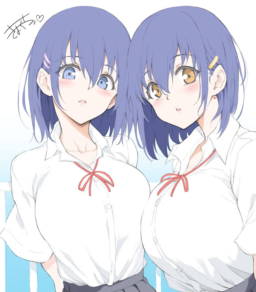 2girls absurdres asymmetrical_docking blue_eyes blue_hair blush breast_press breasts brown_eyes hair_between_eyes hair_ornament hairclip highres hoshizuki_kaede hoshizuki_suzu huge_breasts kyokucho large_breasts light_blush looking_at_viewer mole mole_on_neck multiple_girls neck_ribbon parted_lips pleated_skirt red_ribbon ribbon school_uniform shirt shirt_tucked_in short_hair sidelocks signature skirt teeth translation_request upper_body upper_teeth white_shirt