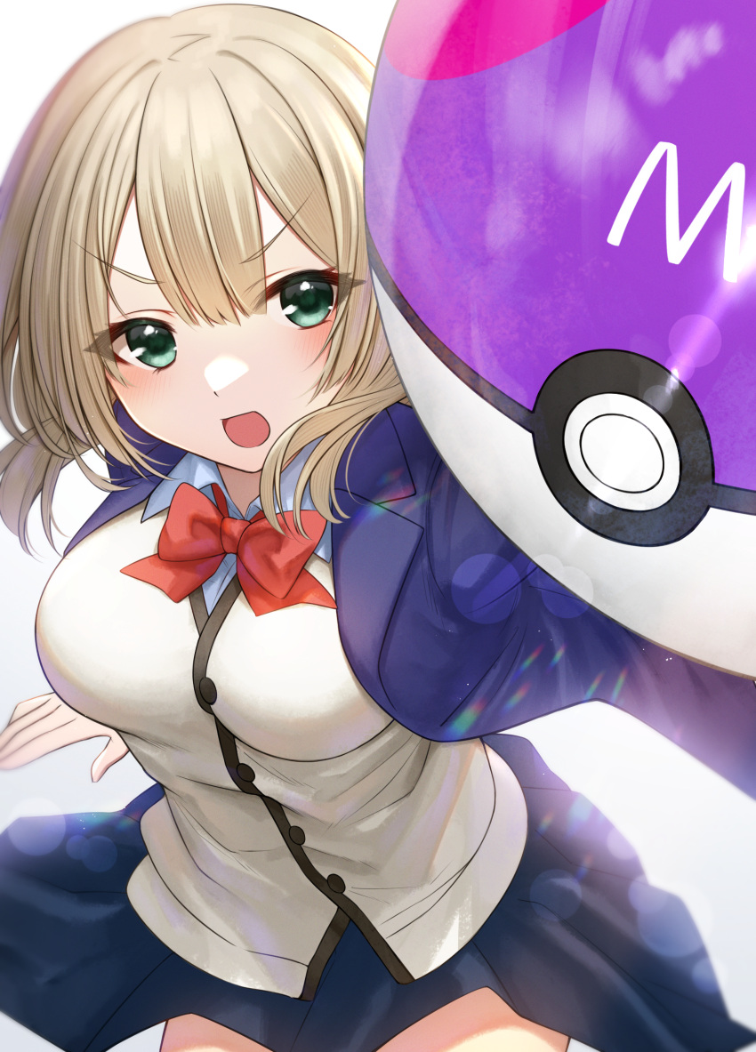 1girl :d absurdres akky_(akimi1127) bangs black_skirt blue_jacket bow bowtie breasts collared_shirt dress_shirt gradient gradient_background green_eyes grey_background highres holding holding_poke_ball jacket light_brown_hair long_hair looking_at_viewer master_ball medium_breasts official_art open_clothes open_jacket open_mouth original poke_ball pokemon red_bow school_uniform shirt skirt smile solo v-shaped_eyebrows white_background white_shirt