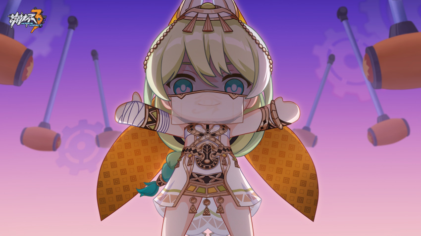 1girl bandaged_arm bandages bangs chibi egyptian_clothes green_eyes green_hair highres honkai_(series) honkai_impact_3rd long_hair looking_at_viewer mobius_(honkai_impact) official_art outdoors outstretched_arms see-through_mask smile solo veil