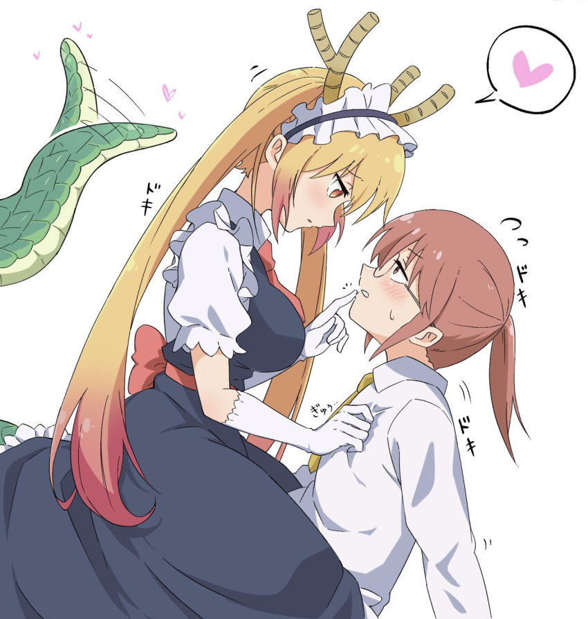 2girls blush clothes_grab dragon_girl dragon_horns dragon_tail elbow_gloves eye_contact glasses gloves gradient_hair heart highres horns kobayashi-san_chi_no_maidragon kobayashi_(maidragon) long_hair looking_at_another m00000st18 maid maid_headdress multicolored_hair multiple_girls necktie orange_hair parted_lips shirt spoken_heart tail tail_wagging tohru_(maidragon) twintails white_gloves white_shirt yellow_necktie yuri