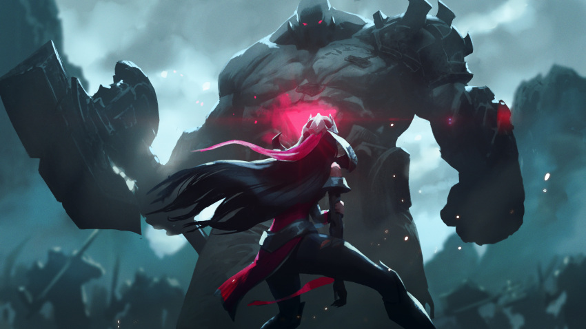 1boy 1girl absurdres armor army axe battle black_hair facing_away floating_hair glowing glowing_eyes grey_sky height_difference highres holding holding_axe holding_own_arm injury irelia jason_chan league_of_legends long_hair looking_at_another looking_down looking_up monster official_art red_eyes shoulder_armor sion torn_clothes war