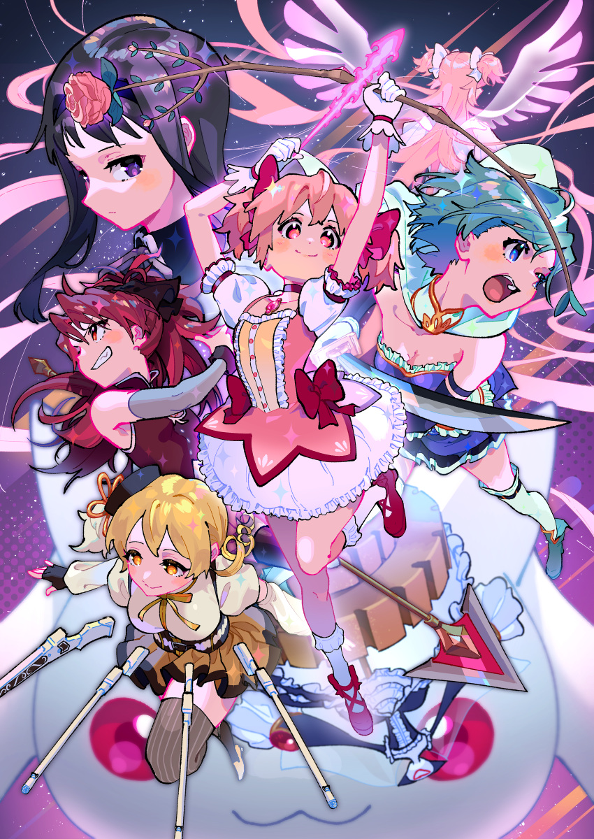 5girls absurdres akemi_homura black_eyes black_gloves black_hair blonde_hair blue_eyes blue_hair bow_(weapon) cape detached_sleeves drill_hair dual_persona fingerless_gloves gloves goddess_madoka grey_sleeves hair_ribbon highres kaname_madoka kyubey long_hair magical_girl mahou_shoujo_madoka_magica miki_sayaka multiple_girls parted_lips pink_eyes pink_hair red_footwear red_ribbon redhead ribbon sakura_kyouko shoes short_hair short_sleeves sleeveless smile socks strapless thigh-highs tomoe_mami twin_drills twintails weapon white_cape white_socks yellow_eyes yooki_(winter_cakes)