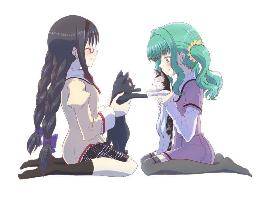 2girls akemi_homura animal aqua_eyes aqua_hair bangs black_cat black_hair black_hairband black_skirt black_socks blush bow bowtie braid buttons cat collared_shirt facing_another from_side futaba_sana glasses grey_thighhighs hairband holding holding_animal holding_cat juliet_sleeves kneehighs layered_sleeves long_hair long_sleeves looking_at_animal magia_record:_mahou_shoujo_madoka_magica_gaiden mahou_shoujo_madoka_magica medium_hair miniskirt mitakihara_school_uniform mizuna_girls'_academy_school_uniform multiple_girls no_shoes plaid plaid_skirt pleated_skirt profile puffy_sleeves purple_shirt purple_skirt red-framed_eyewear red_bow red_bowtie school_uniform scrunchie semi-rimless_eyewear shirt shirt_under_shirt short_over_long_sleeves short_sleeves sidelocks simple_background sitting skirt smile socks sweater thigh-highs touyu_(yuruyuruto) twin_braids twintails under-rim_eyewear very_long_hair wariza wavy_hair white_background white_shirt yellow_scrunchie yellow_sweater