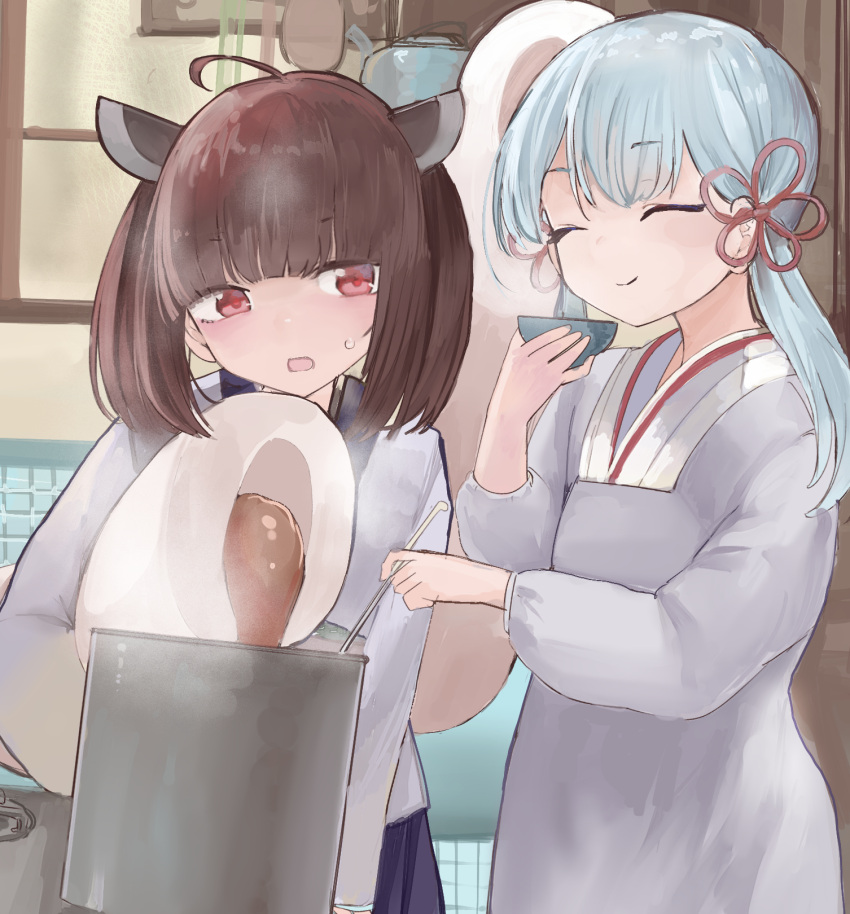 2girls ^_^ ahoge alternate_hair_length alternate_hairstyle bangs blue_hair blunt_bangs bowl brown_hair chikuwa closed_eyes closed_mouth cooking food hair_ornament hand_up highres holding holding_bowl indoors kotonoha_aoi ladle light_blue_hair long_hair medium_hair microa multiple_girls open_mouth pink_eyes pouring smile steam stove touhoku_kiritan twintails voiceroid