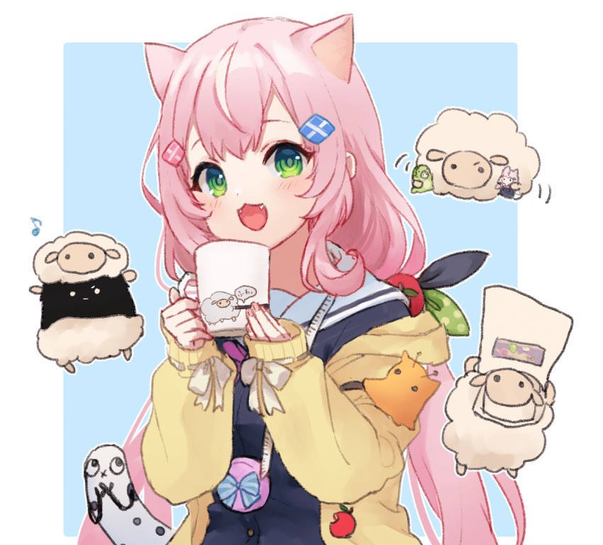 1girl :d animal_ears black_shirt blue_background blush cup fangs green_eyes hair_ornament hairclip holding holding_cup hood hood_down hooded_jacket jacket long_hair long_sleeves low_twintails mug multicolored_hair nijisanji nijisanji_kr nuno_(pppompon) open_clothes open_jacket open_mouth pink_hair puffy_long_sleeves puffy_sleeves sailor_collar school_uniform serafuku sheep shirt sleeves_past_wrists smile solo streaked_hair twintails two-tone_background very_long_hair virtual_youtuber white_background white_hair white_sailor_collar yang_nari yellow_jacket