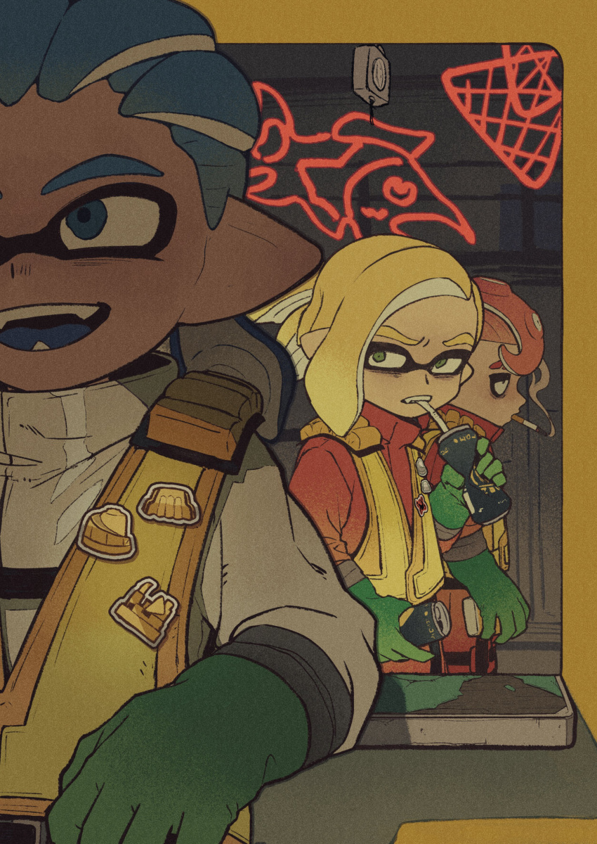 1girl 3boys absurdres badge blonde_hair blue_eyes blue_hair can cigarette commentary_request domino_mask fangs gloves green_eyes green_gloves high-visibility_vest highres holding holding_can inkling inkling_boy iwamushi male_focus mask mouth_hold multiple_boys neon_lights octoling octoling_boy pointy_ears redhead rubber_gloves salmon_run_(splatoon) smoke smoking splatoon_(series) splatoon_3 tentacle_hair